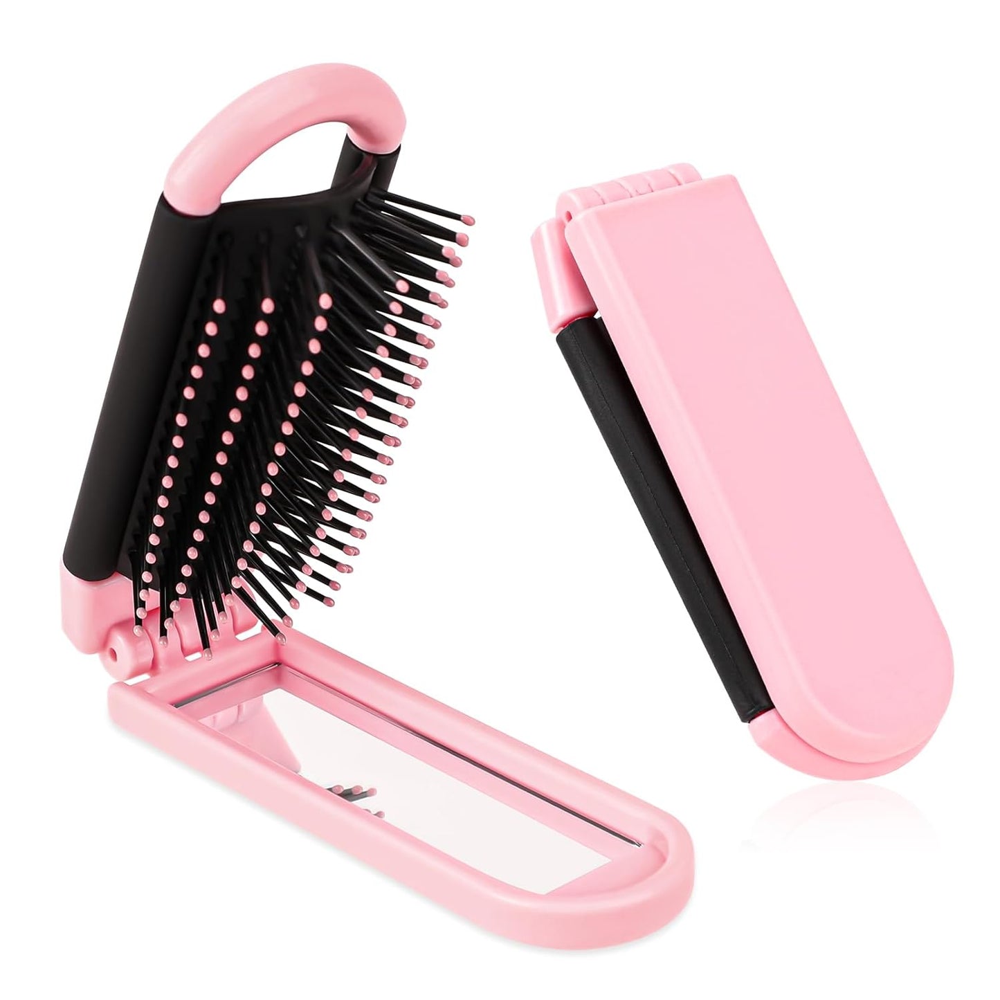1 Pack Folding Compact Hair Brush with Mirror - Travel Pocket-Size Massage Comb for Hair Styling, Gym, Trips, and Purse (Removable Mirror)