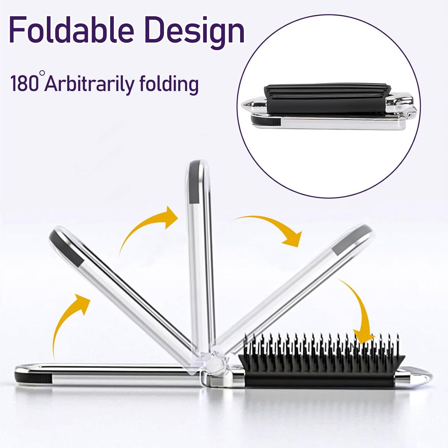 1 Pack Folding Compact Hair Brush with Mirror - Travel Pocket-Size Massage Comb for Hair Styling, Gym, Trips, and Purse (Removable Mirror)