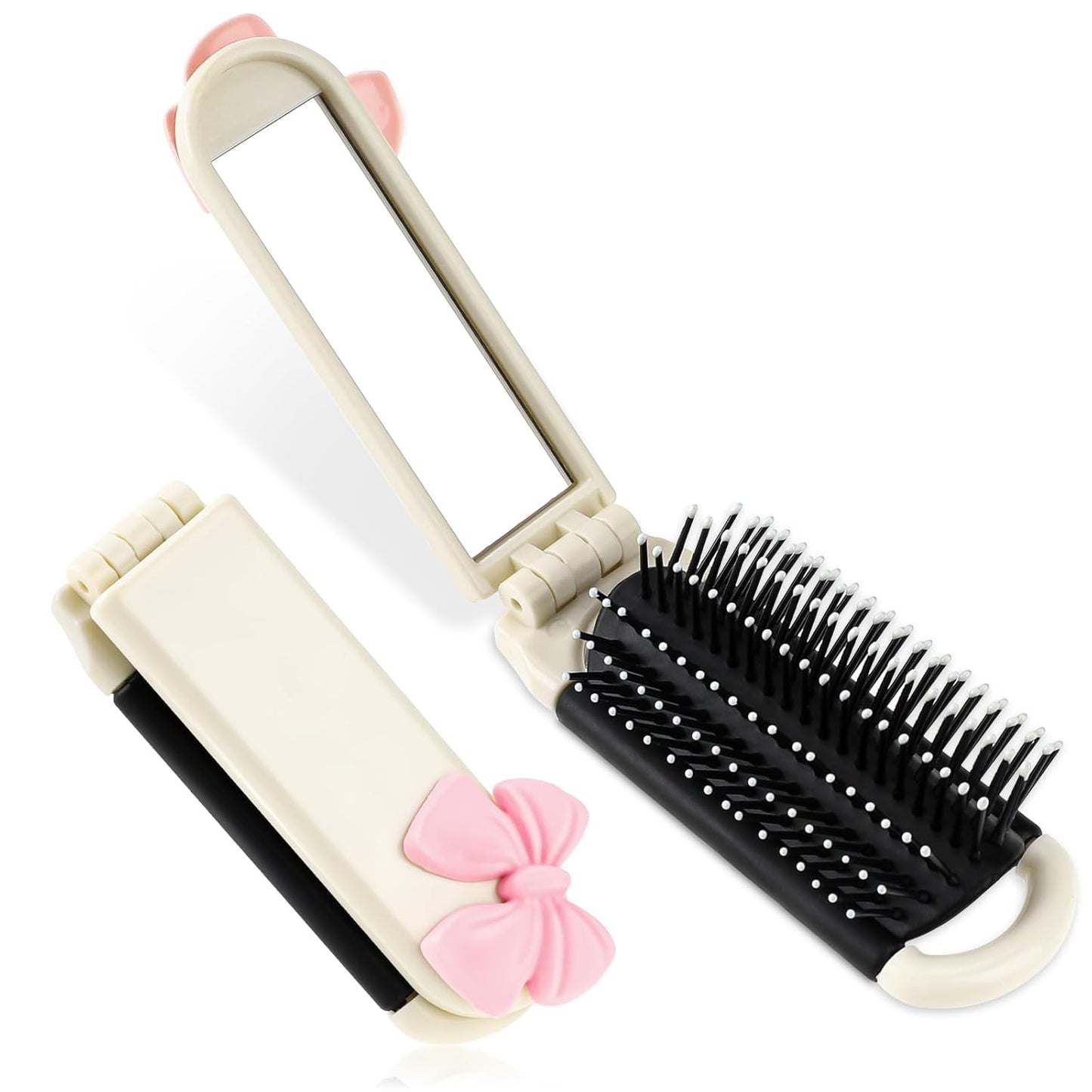 1 Pack Folding Compact Hair Brush with Mirror - Travel Pocket-Size Massage Comb for Hair Styling, Gym, Trips, and Purse (Removable Mirror)