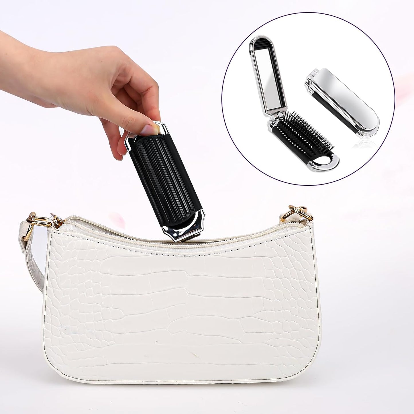 1 Pack Folding Compact Hair Brush with Mirror - Travel Pocket-Size Massage Comb for Hair Styling, Gym, Trips, and Purse (Removable Mirror)