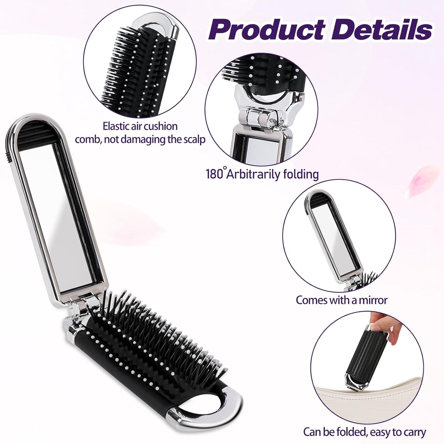 1 Pack Folding Compact Hair Brush with Mirror - Travel Pocket-Size Massage Comb for Hair Styling, Gym, Trips, and Purse (Removable Mirror)