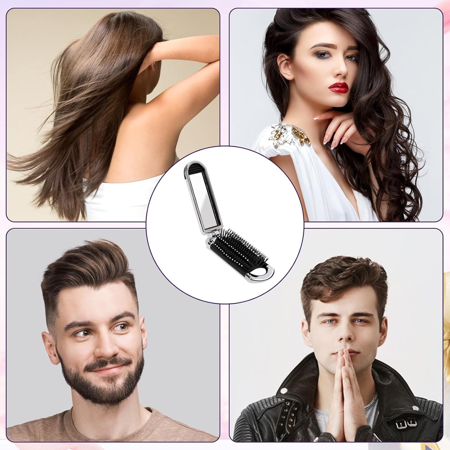 1 Pack Folding Compact Hair Brush with Mirror - Travel Pocket-Size Massage Comb for Hair Styling, Gym, Trips, and Purse (Removable Mirror)