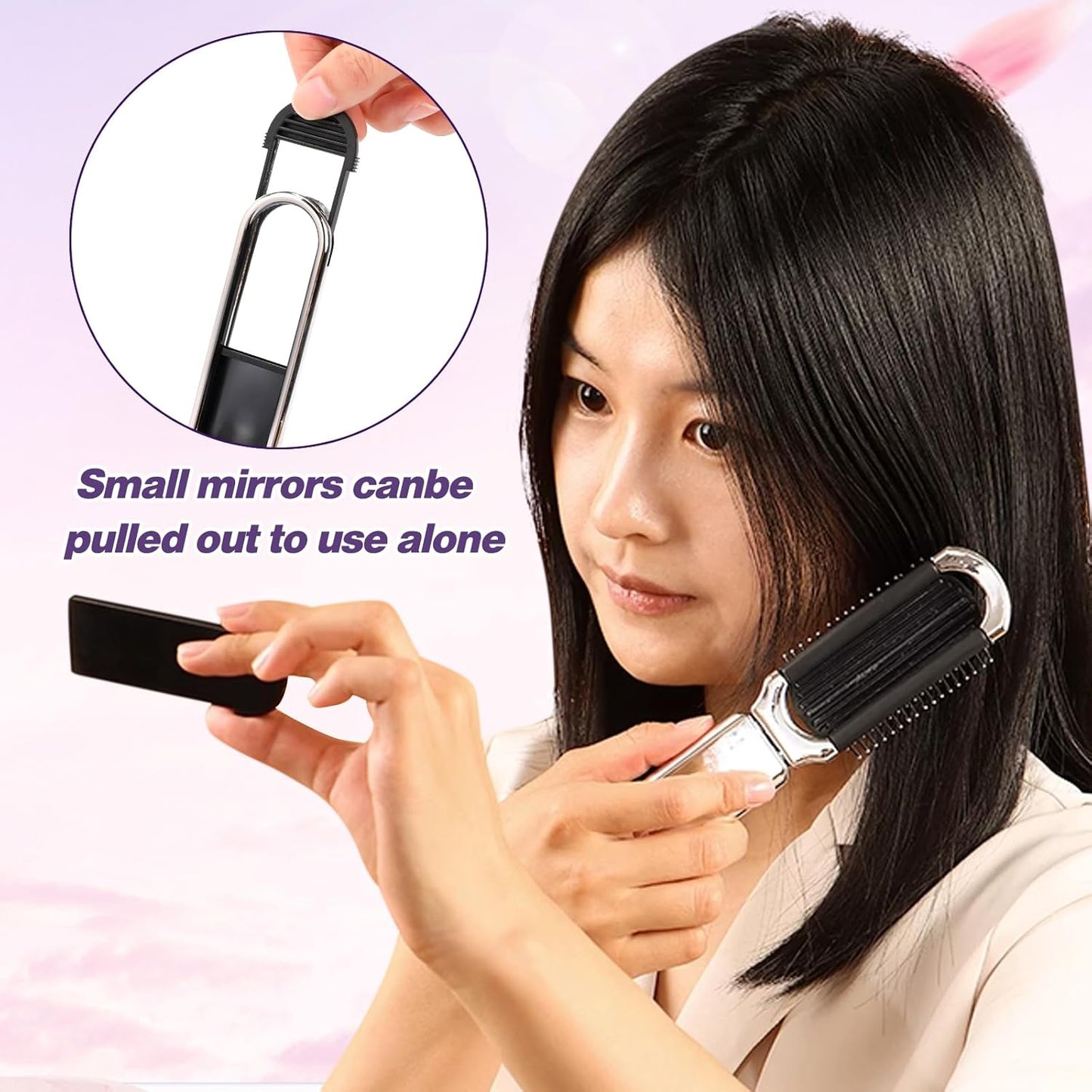 1 Pack Folding Compact Hair Brush with Mirror - Travel Pocket-Size Massage Comb for Hair Styling, Gym, Trips, and Purse (Removable Mirror)