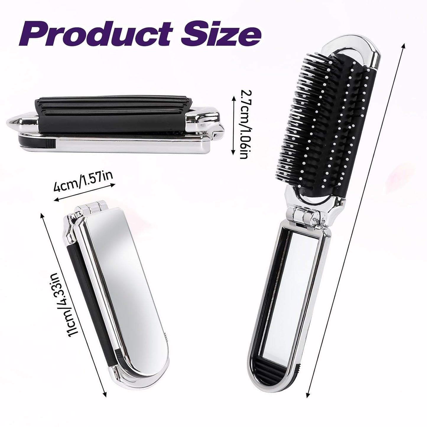 1 Pack Folding Compact Hair Brush with Mirror - Travel Pocket-Size Massage Comb for Hair Styling, Gym, Trips, and Purse (Removable Mirror)