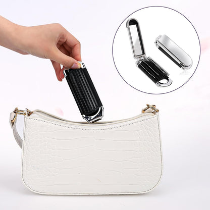 1 Pack Folding Compact Hair Brush with Mirror - Travel Pocket-Size Massage Comb for Hair Styling, Gym, Trips, and Purse (Removable Mirror)